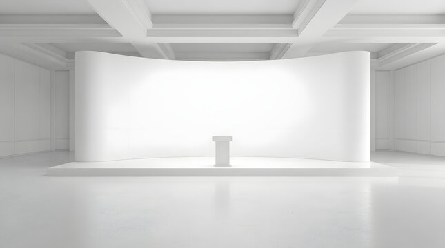 Empty white exhibition booth with podium for corporate presentation and product display