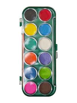  Colorful watercolor paint set with brush isolated on white background