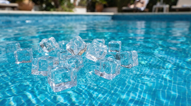 Ice cubes floating in clear blue swimming pool water during sunny summer day close up view