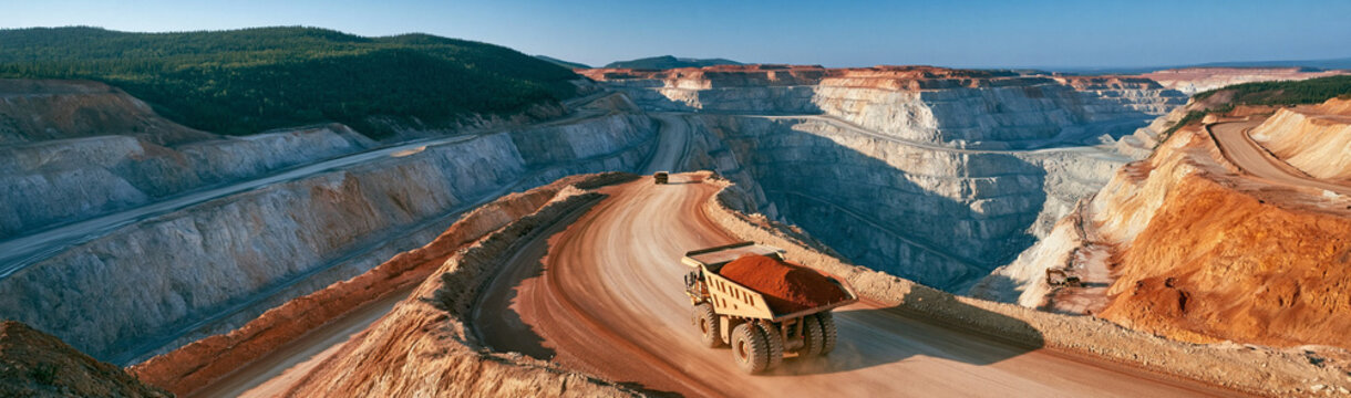 Vast Open Pit Mine: A colossal open pit mine landscape stretches out under a clear blue sky, revealing tiered excavations and a massive dump truck navigating a dusty road.