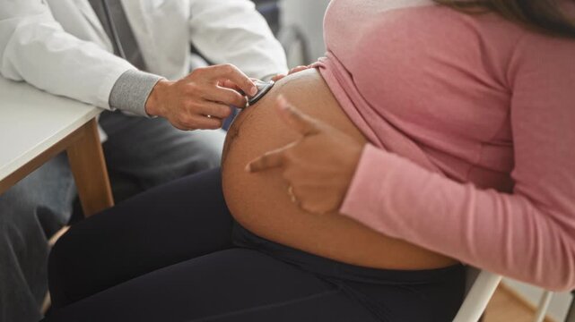Pregnant woman with exposed belly receiving stethoscope exam by doctor in clinic, woman giving thumbs up gesture; maternal care reassurance.