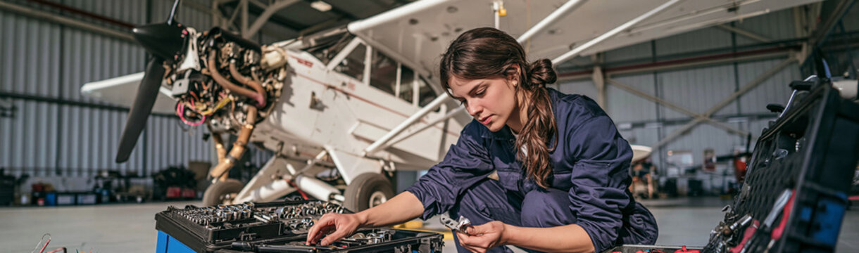 Woman Mechanic Working on an Airplane Engine: A focused young woman in overalls diligently repairs an airplane engine in a hangar, showcasing dedication to a technical trade.