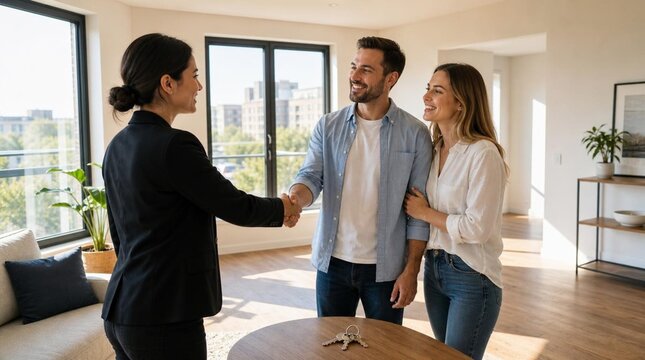 Professional female real estate agent in a black blazer shaking hands with a happy young couple in a bright, sunlit modern apartment living room after closing a successful property sale deal.
