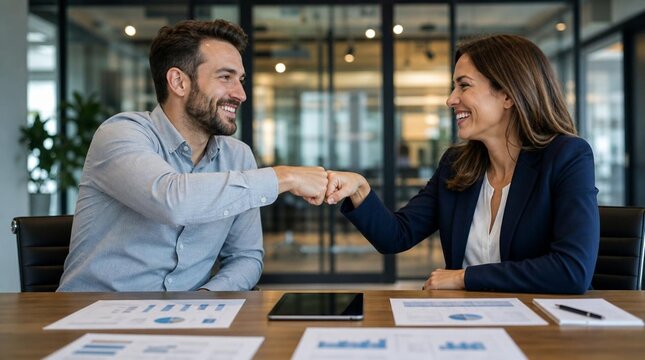 Cheerful male and female coworkers fist bumping at modern glass office conference table with business documents charts tablet and pen showing teamwork collaboration and agreement in corporate