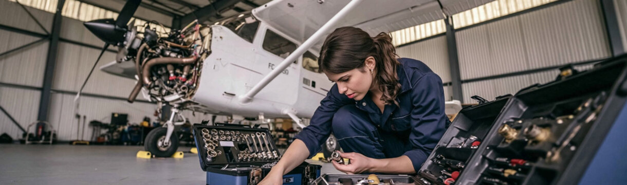 Aircraft Mechanic at Work: A female aircraft mechanic diligently inspects and repairs the engine of a small airplane inside a hangar, surrounded by tools and equipment.