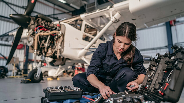 Aviation Mechanic Working on Aircraft: A focused female aviation mechanic in uniform repairs a small airplane in a hangar, surrounded by tools and equipment, highlighting her skill and dedication.