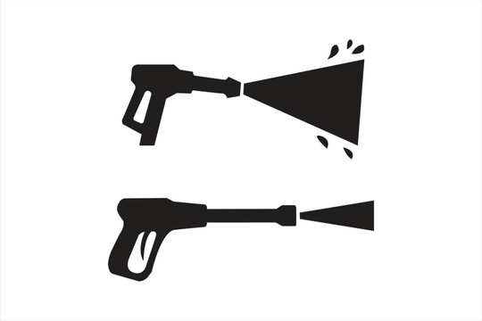 Pressure washer spray nozzle black icon set, high-pressure cleaning equipment for homes, cars, and industrial use.