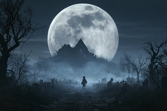 Eerie full moon illuminates abandoned cemetery path with mysterious figure and ruined building in foggy night