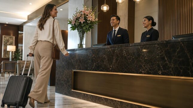 Smiling female guest with rolling suitcase approaches upscale hotel front desk where two uniformed receptionists warmly greet her, elegant lobby with marble counter and floral arrangement