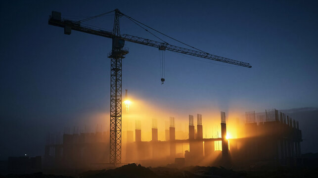 Construction Site at Dusk: A towering crane silhouetted against a dark blue twilight sky, overlooking a partially built structure illuminated by warm, hazy orange lights.
