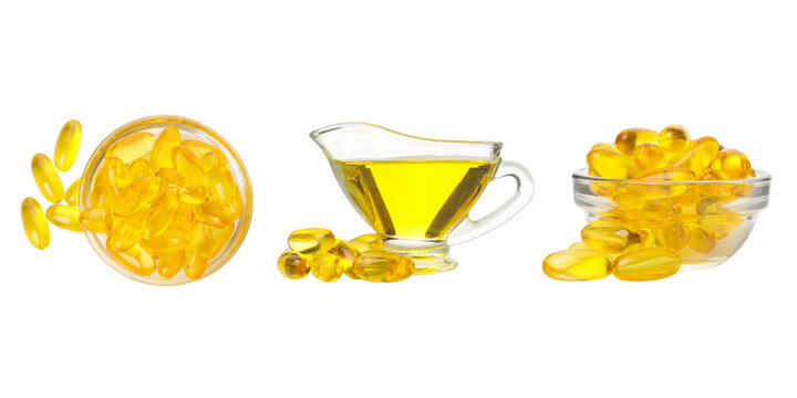 Omega 3. Assorted omega fish oil capsules and liquid presented attractively, PNG