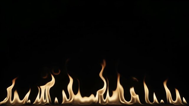 Fireplace flame and firelight glow dark black background create warm dramatic heat and cozy winter comfort, golden fire rising with glowing border, fluid shapes and deep negative space for home