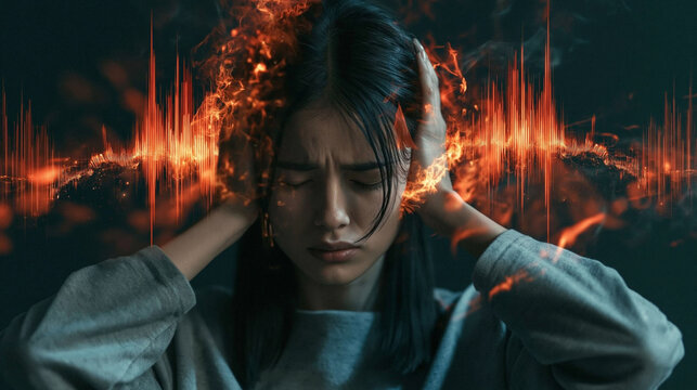 Overwhelmed by Sound: A young woman covers her ears, her face contorted in distress, as a visual representation of intense sound waves and fiery energy surrounds her head.