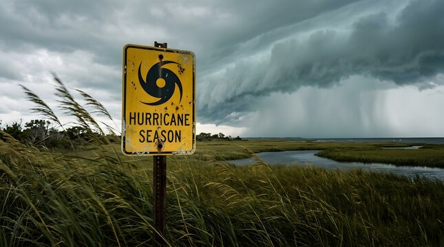 Hurricane season hazard warning sign standing in tall marsh grass under ominous dark storm clouds rolling in