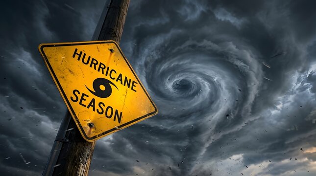 Hurricane season warning sign on wooden utility pole against massive swirling tornado funnel cloud