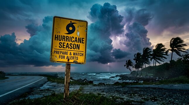 Hurricane season alert sign on coastal road with palm trees blowing under dramatic lightning storm clouds