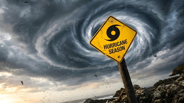 Hurricane season warning sign on rocky coastline with massive swirling cyclone storm forming over ocean