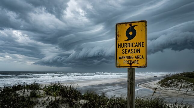 Hurricane season warning area sign on sandy beach dunes overlooking rough ocean under heavy storm clouds