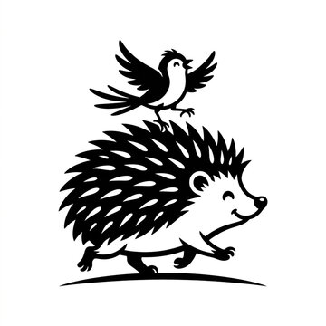 Cute hedgehog and sparrow dancing together, black and white vector illustration.