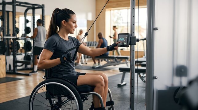A woman with a disability who uses a wheelchair is working out at a fitness center