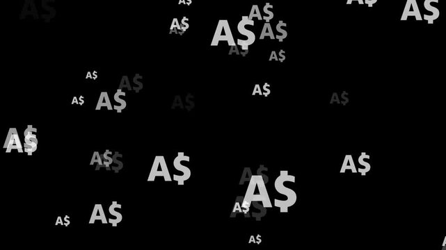 Animation of the Australian dollar currency symbol moving across a black screen, a surge in the Australian dollar's value, zoom effect, business and banking concept, 4K video.