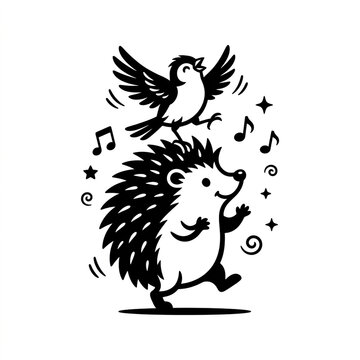 Cute hedgehog dancing with a singing sparrow, black and white vector illustration.