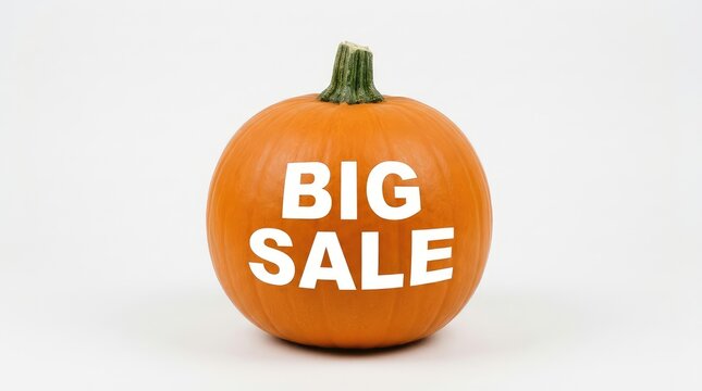 Bright orange pumpkin with bold big sale text against plain background with pumpkin displays large smooth textured holiday decor edible plant
