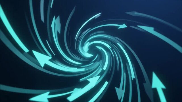 Cinematic motion graphic of glowing cyan arrows spiraling in a blue vortex tunnel, symbolizing digital growth and success.