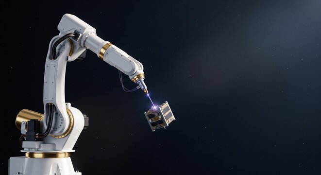 Robotic arm precisely assembling small satellite CubeSat with laser technology in advanced manufacturing space environment