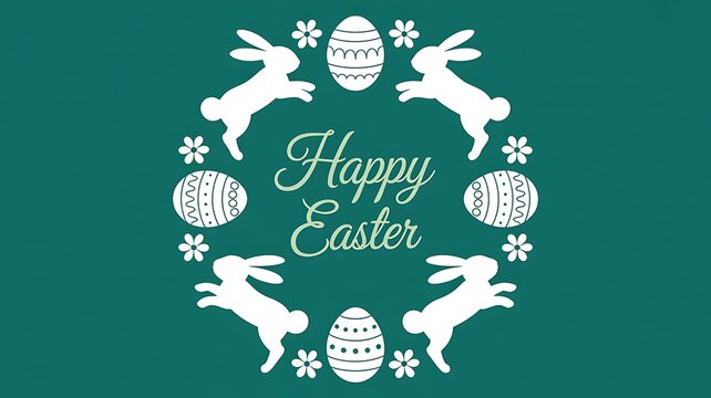 Happy Easter greeting card with white rabbits and patterned eggs in a floral circle wreath on a dark green background