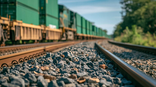 Freight Train on Tracks: A long freight train with green shipping containers moves along parallel railway tracks through a rural landscape, emphasizing industrial transport and logistics.
