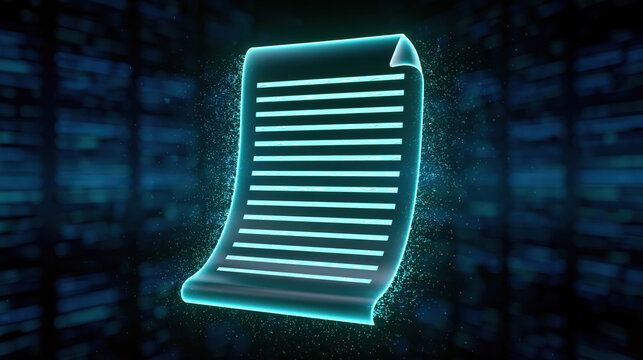 Digital paper document floating paper sheet glowing cyan document abstract data background digital file concept holographic paper curved paper sheet technology document transparent paper document