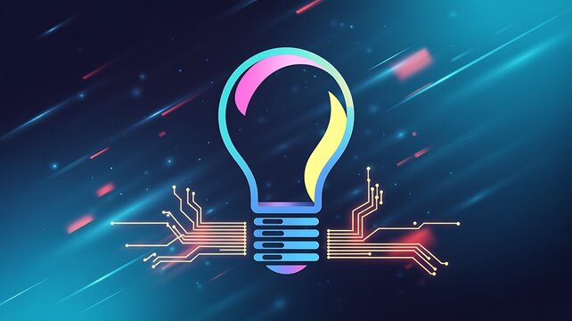 Neon glowing lightbulb with digital circuit board lines symbolizing technology and innovation