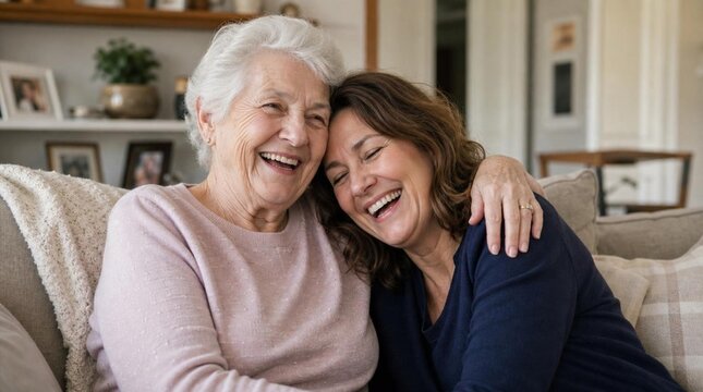 Candid lifestyle photograph of a joyful senior mother with white hair and her middle-aged daughter laughing together while hugging on a sofa at home, sharing a moment of love and connection.