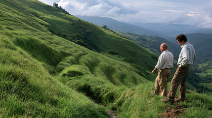 Obraz premium Farmers Inspecting a Grass Silt Trap on a Hillside