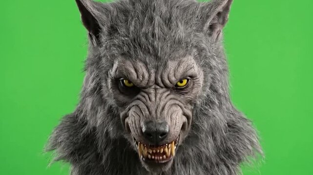 Scary werewolf growling and snarling on green screen background