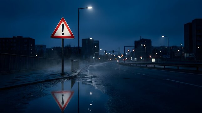 Triangular hazard warning sign reflecting in street puddle on wet city road during foggy dusk after rainfall
