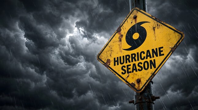 Weathered hurricane season warning sign against menacing dark storm clouds and heavy rain during extreme weather
