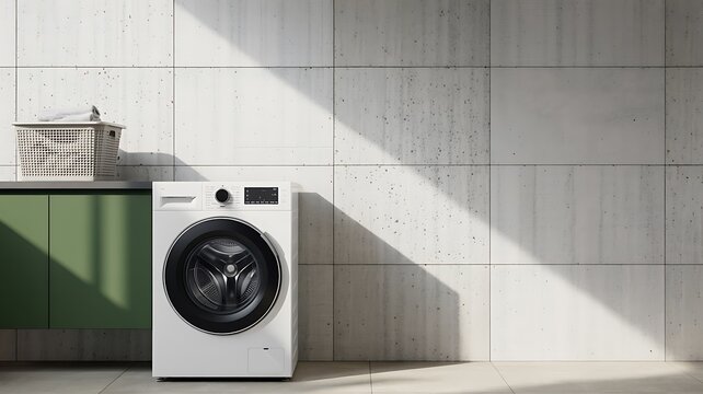 Modern white washing machine in a minimalist laundry room