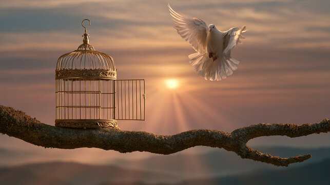 White dove flying out of open golden cage on tree branch during dramatic sunset conceptual freedom photography