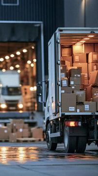 Logistics in Motion: A large truck loaded with cardboard boxes is being unloaded at a warehouse, its rear lights illuminated, symbolizing the continuous flow of goods in the supply chain.