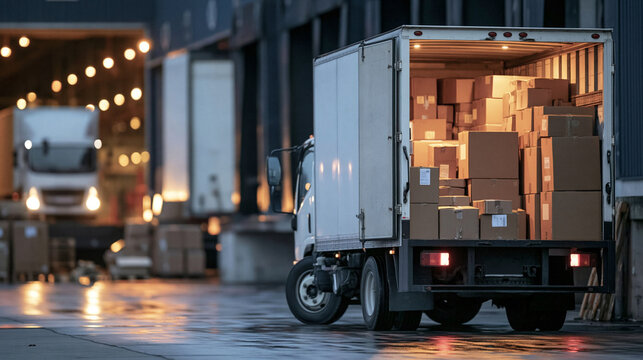 Nighttime Freight Transfer: A delivery truck loaded with cardboard boxes is parked at a loading dock at night, with a second truck visible in the background and lights reflecting on the wet ground.