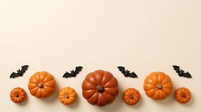 A festive halloween background featuring a row of small orange pumpkins and black paper bats on beige