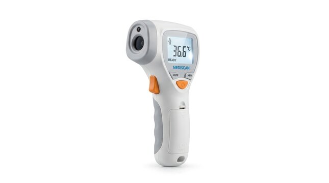 handheld infrared forehead digital thermometer isolated on clean white background