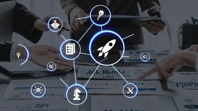 Innovation icons show creativity, teamwork, and project development. Innovation helps organizations design solutions, build strategy, and grow with new business opportunities. Funnel