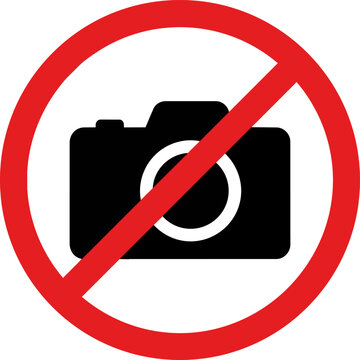 Prohibited photography sign, red circle with diagonal line over black camera icon, no photos allowed warning vector illustration ,Clean grouped each Icon