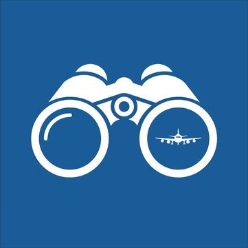 Minimalist binoculars icon with airplane reflection, white plane spotting vector on blue background, aviation observation symbol ,Clean grouped each Icon