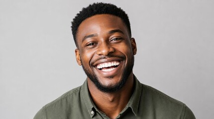 Obraz premium Portrait of a Cheerful African American Millennial Man Laughing and Looking Directly at the Camera Against a Clean Light Gray Studio Background, Joyful Male with a Radiant Smile and Beard