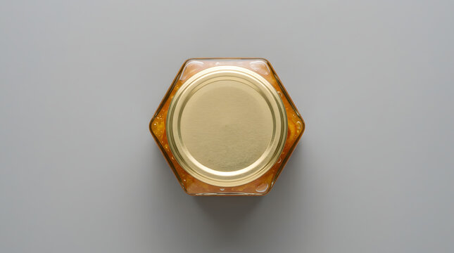 Top view of a hexagonal glass jar filled with orange jam and sealed with a golden lid