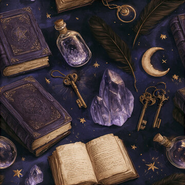 Dark academia witchcraft seamless pattern with vintage books, crystal, keys, feathers, and mystical moon under starry night sky